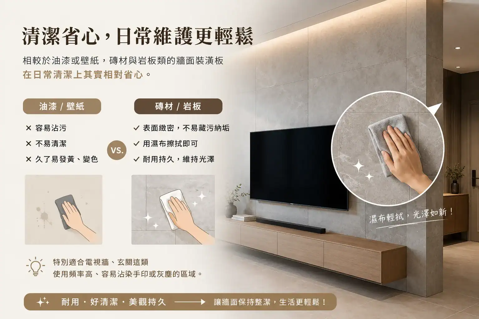 Q3:磁磚或岩板做造型牆,會不會很難清潔保養?