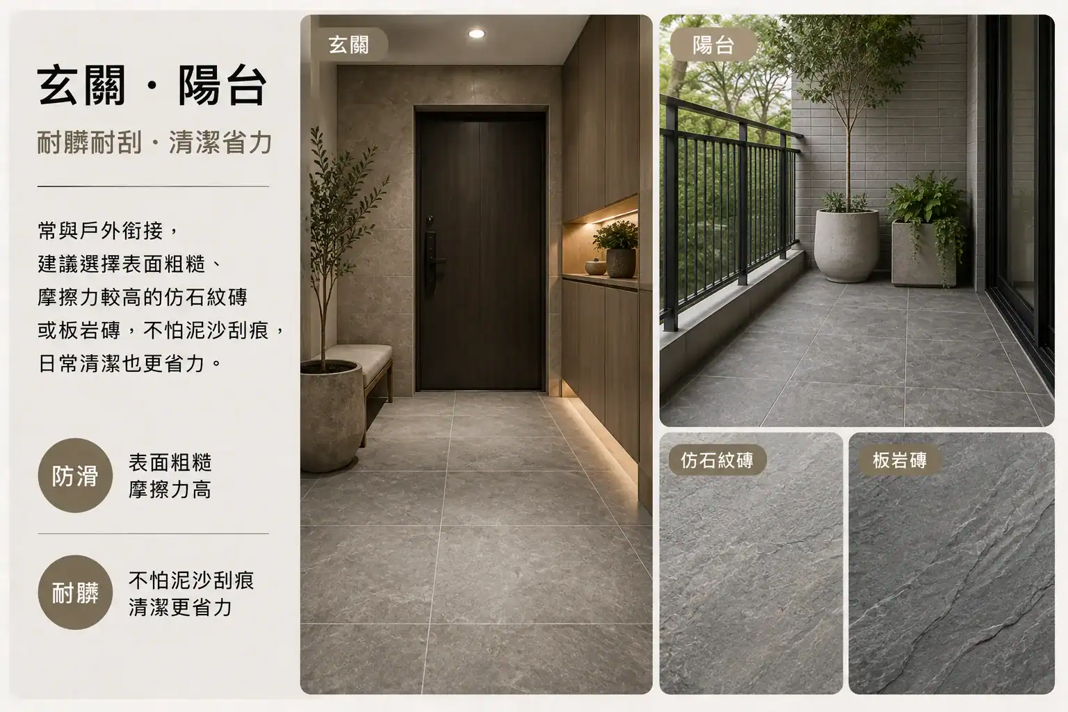 玄關與陽台:耐髒防滑兼顧