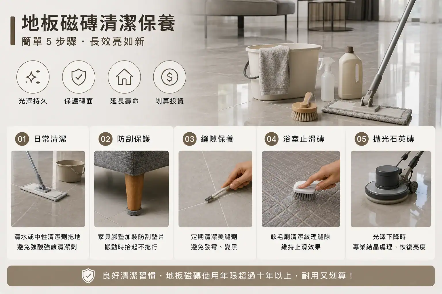地板磁磚清潔保養,讓質感歷久不衰